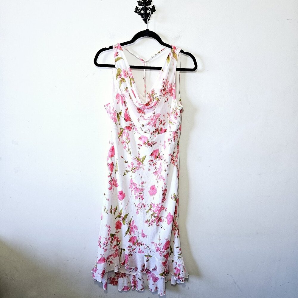 Y2K 90s Midi Slip Dress Size 16 L Floral Ruffle Cowl Neck Hi-low Romantic Vtg